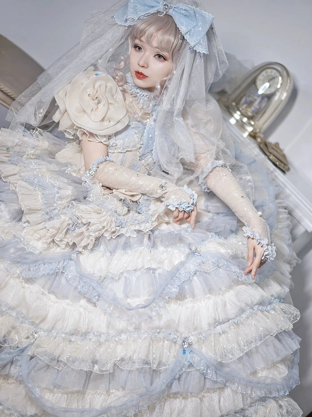 Gray blue Lolita headdress veil gloves rhinestone bow set complete accessory collection flat lay view