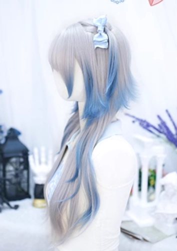 Close-up back detail of lolita long curly wig ends showing natural wavy texture and clear gray-to-blue ombre color transition on white background