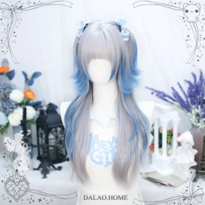 Gray-blue ombre lolita wig with layered waves and blue flower hair clips displayed on mannequin head, romantic vintage tabletop styling with lavender and black lanterns
