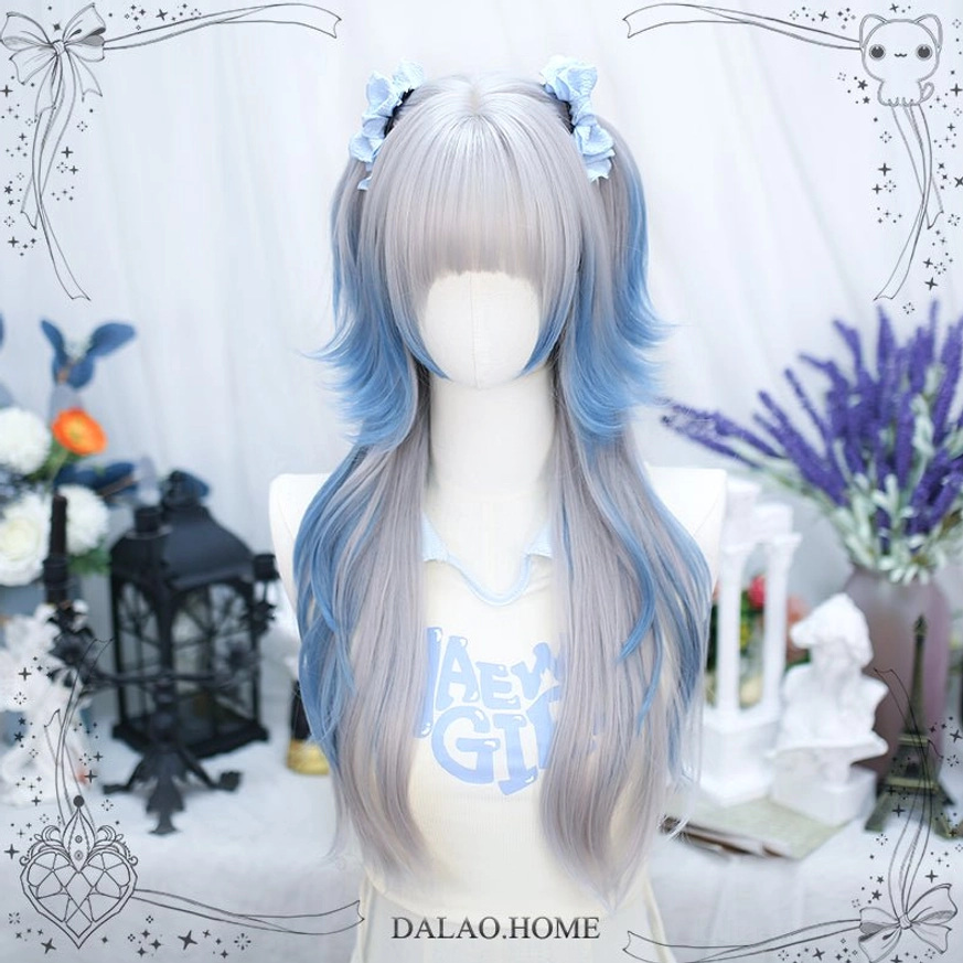 Left side three-quarter angle of gray-to-blue ombre lolita wig featuring wolf cut styling, long wavy layers, and gray root-to-blue tip gradient effect