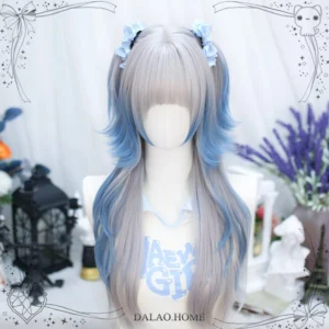 Natural lolita long curly wig in silver gray to sky blue ombre with twin ponytail bows, direct front view showing blunt bangs and fairycore styling
