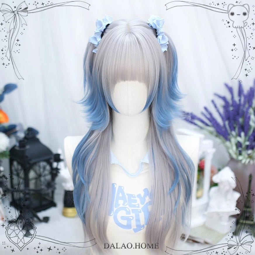 Natural lolita long curly wig in silver gray to sky blue ombre with twin ponytail bows, direct front view showing blunt bangs and fairycore styling