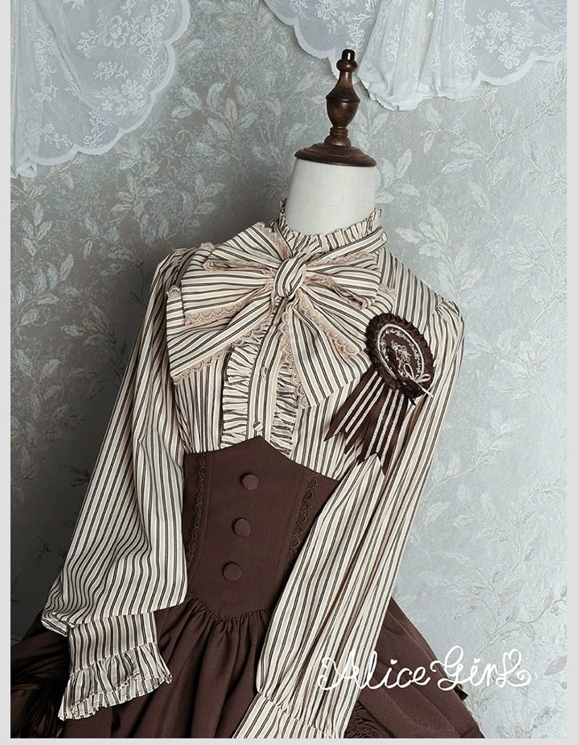 Size medium reference fit of gray-blue striped lolita blouse on standard-sized mannequin