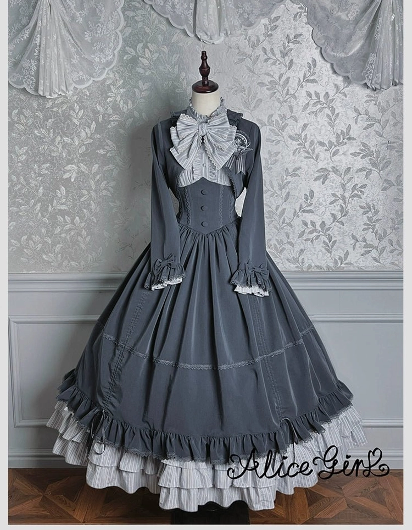 Gray-blue striped Victorian lolita blouse three-quarter view showing overall design aesthetic
