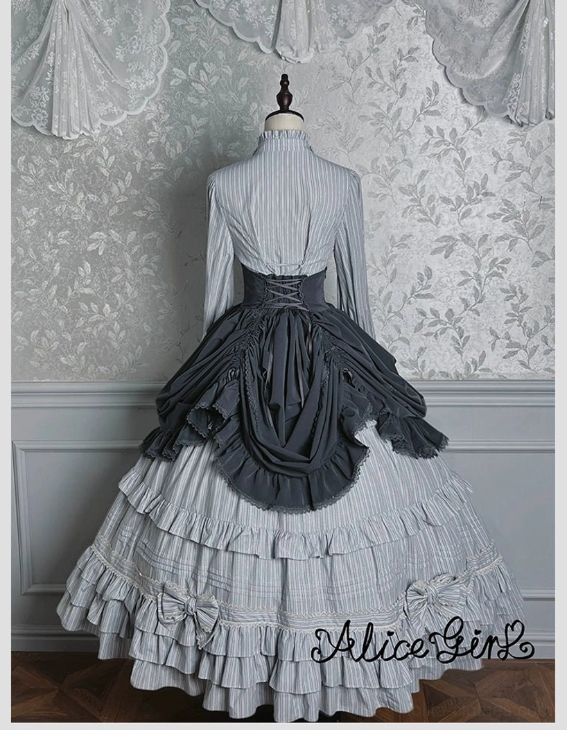 Vertical stripe pattern close-up of gray-blue striped Victorian lolita blouse fabric detail