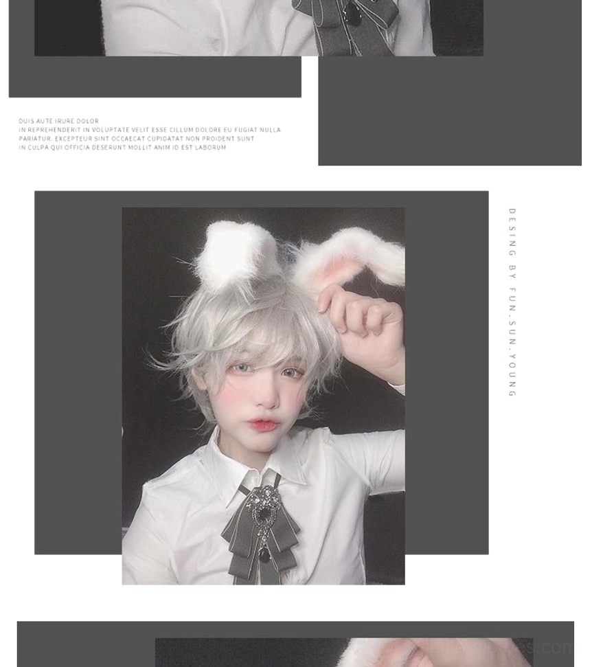 Compact preview of silver gray curly wig with fluffy rabbit ears coordinate styling on model