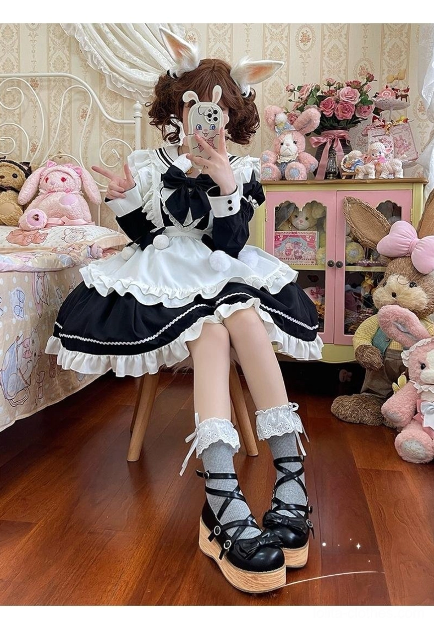Gray ribbed mid-calf lolita socks with simple lace ruffle cuff, worn with cross-strap lolita shoes, mirror selfie in pastel bedroom
