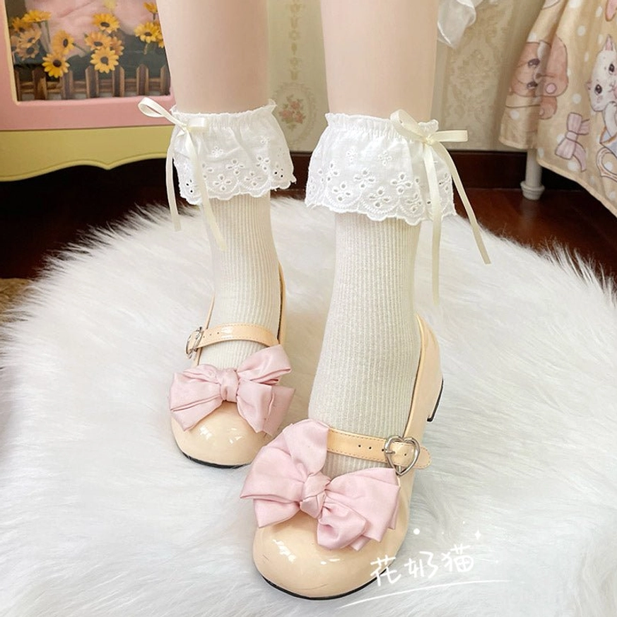 Gray lolita mid-calf socks featuring sophisticated lace ruffle cuff design bridging sweet and classic lolita fashion styles