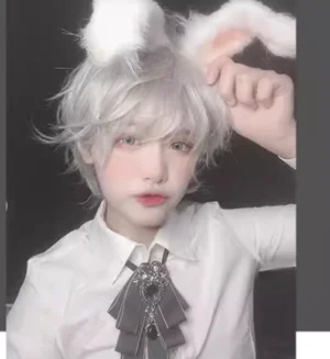 Close-up of slightly short curly silver gray wig with adjustable fluffy rabbit ear accessory on model's head