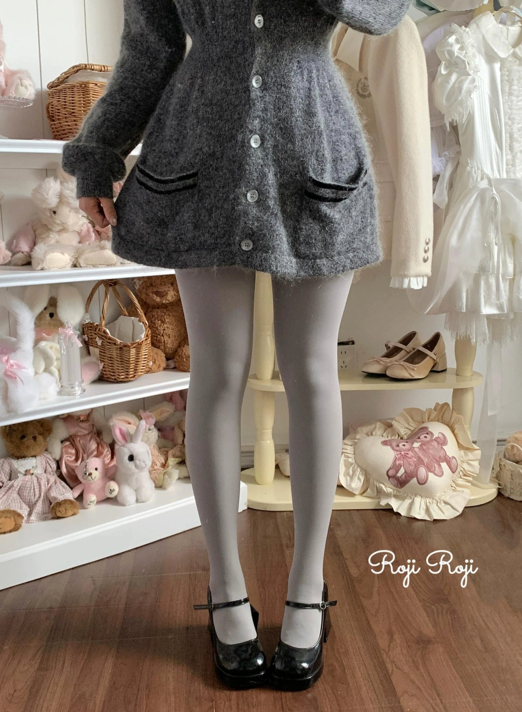 Light gray smooth matte velvet lolita winter pantyhose with black Mary Jane shoes and gray cropped cardigan dress neutral versatile styling