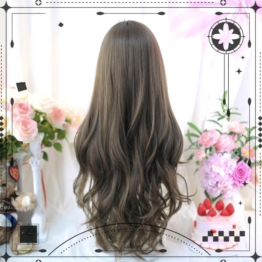 Grayish brown sweet lolita long wavy wig loose hair back view thick natural wavy texture full coverage