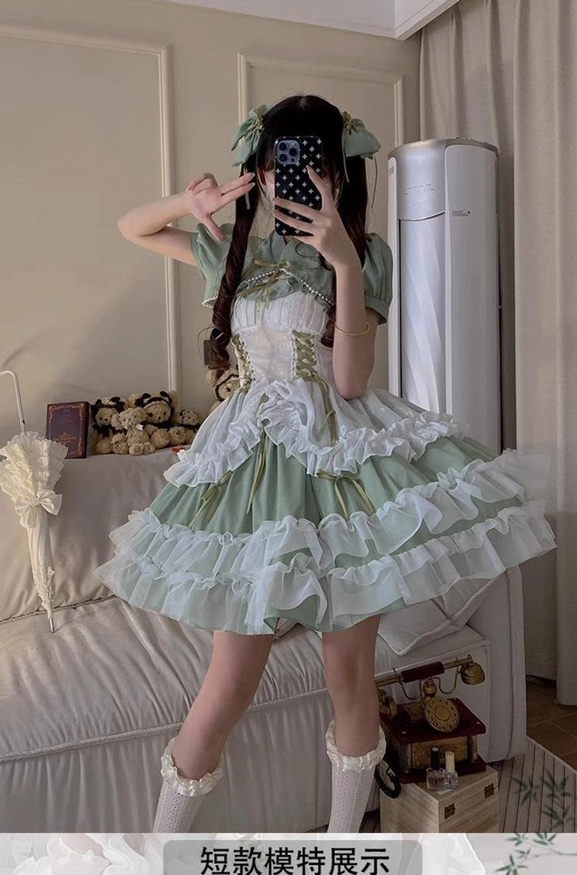 Sage green plus size bridal lolita JSK dress styled for formal occasion with coordinating accessories, showing complete coordinate recommendation and outfit inspiration