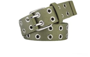 Army green heavy-duty canvas belt with metal eyelets and silver double pin buckle flat lay lolita accessory
