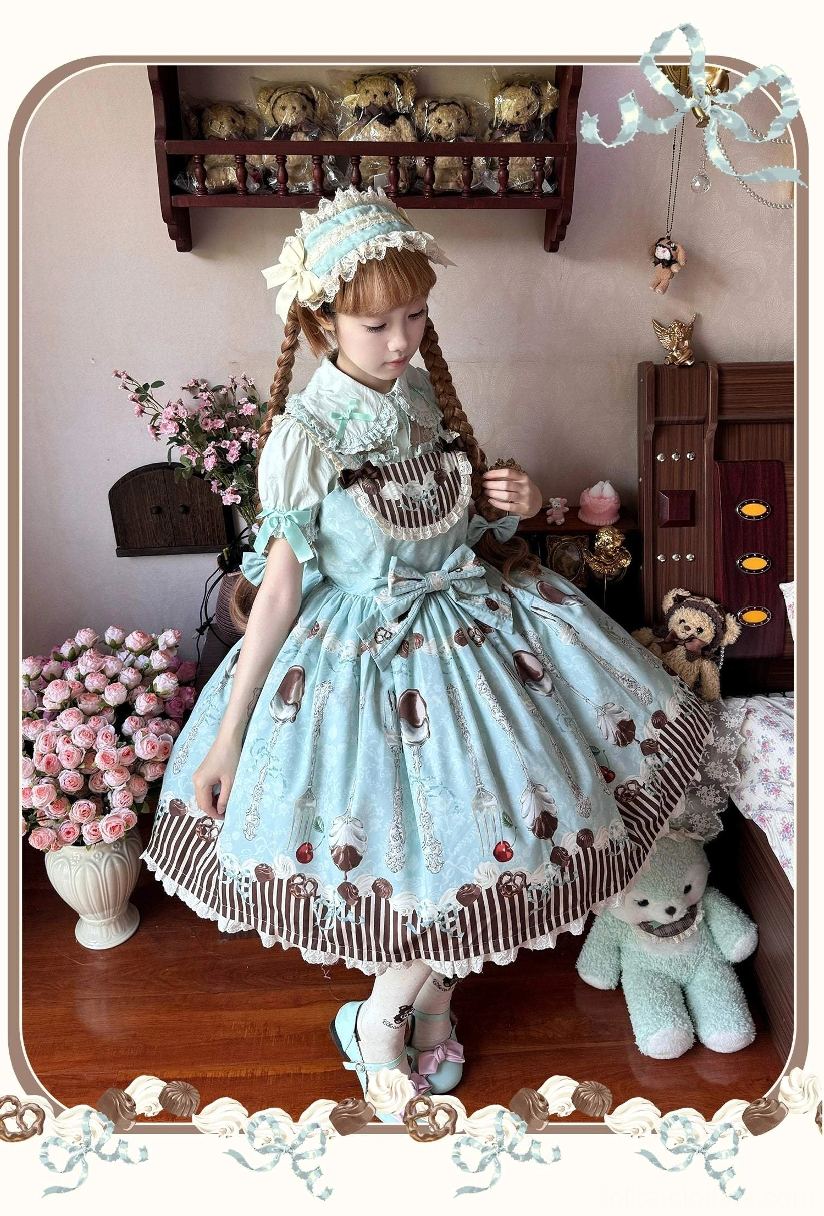 green dessert themed lolita jsk dress fabric close up print pattern quality texture detail