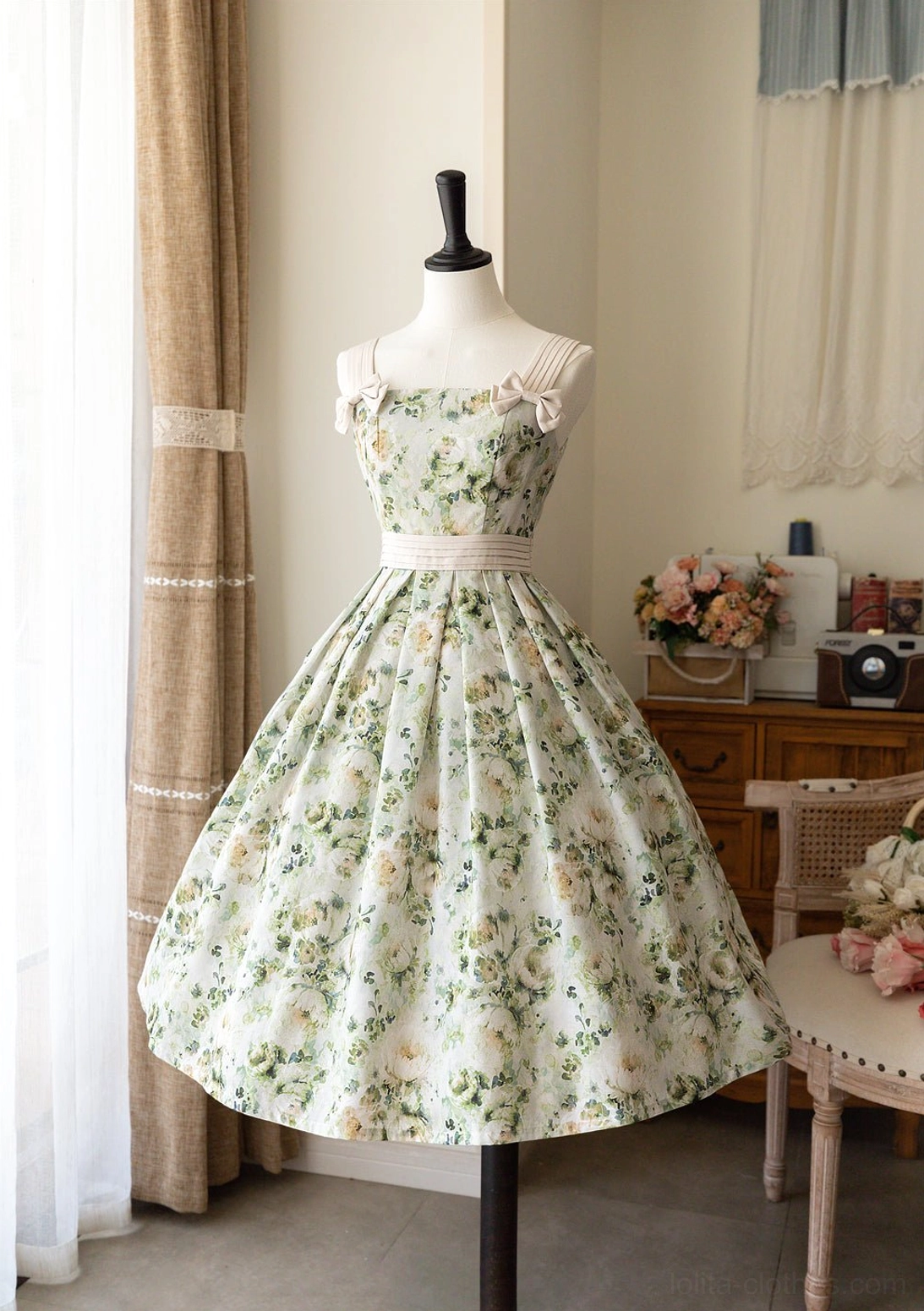 Green flowers print variant styled as casual lolita coordinate with t-shirt layering and everyday wearability options demonstrated