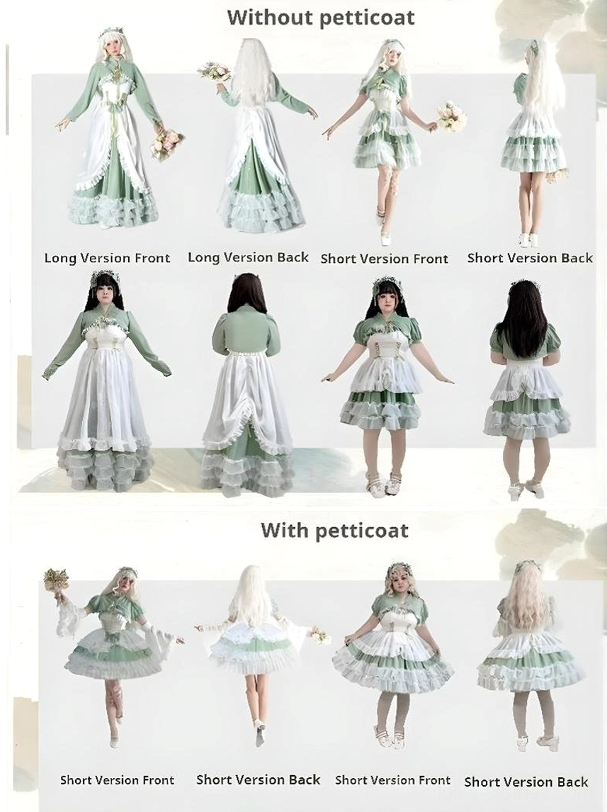 Sage green wedding lolita JSK size chart and fitting guide showing measurements in both centimeters and inches, ensuring accurate plus-size selection and comfortable fit