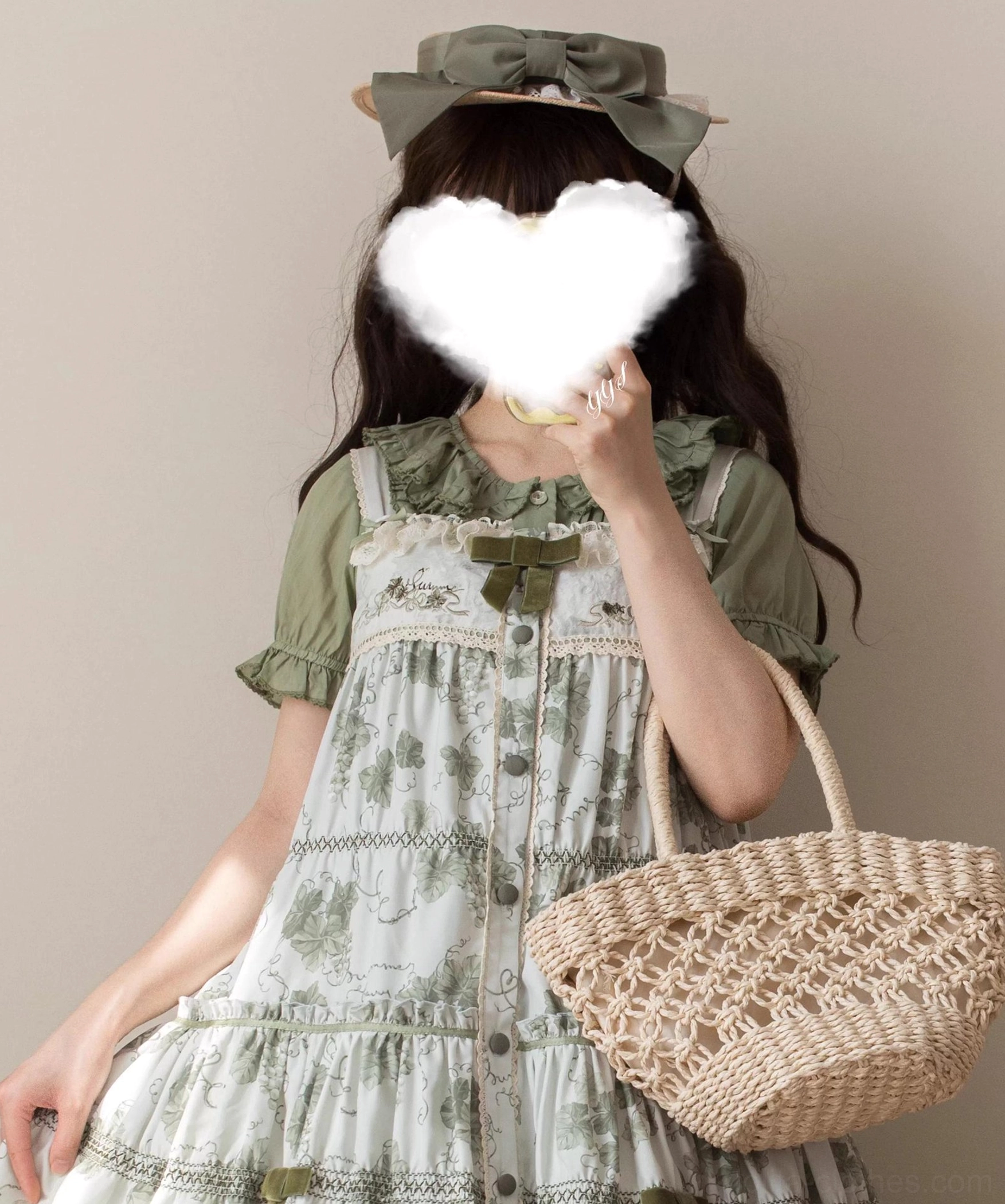 Green moss sweet Lolita short-sleeve blouse back three-quarter view with green bow hairband, paired with green print overall dress and woven accessories