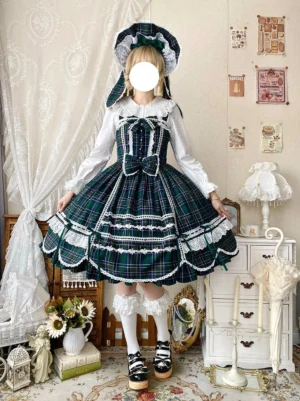 Dark green tartan old school lolita jumper skirt with matching rabbit ear bonnet front full body portrait lolita cosplayer vintage furniture room white ruffled lace trims platform mary jane shoes classic old school silhouette
