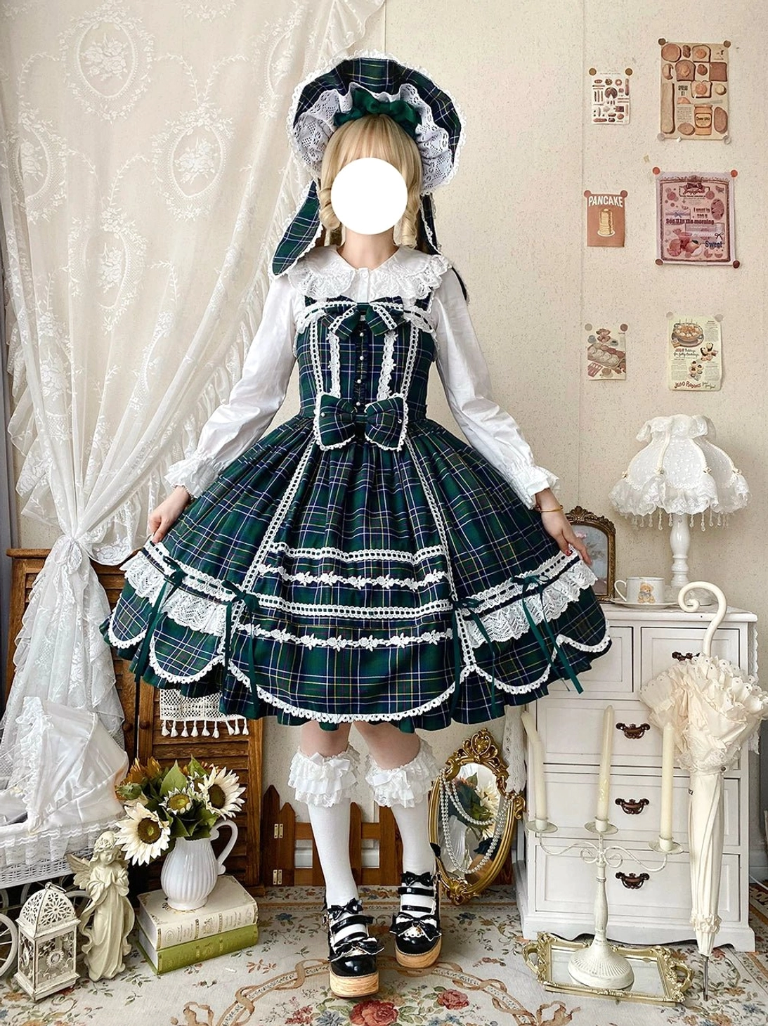 Dark green tartan old school lolita jumper skirt with matching rabbit ear bonnet front full body portrait lolita cosplayer vintage furniture room white ruffled lace trims platform mary jane shoes classic old school silhouette