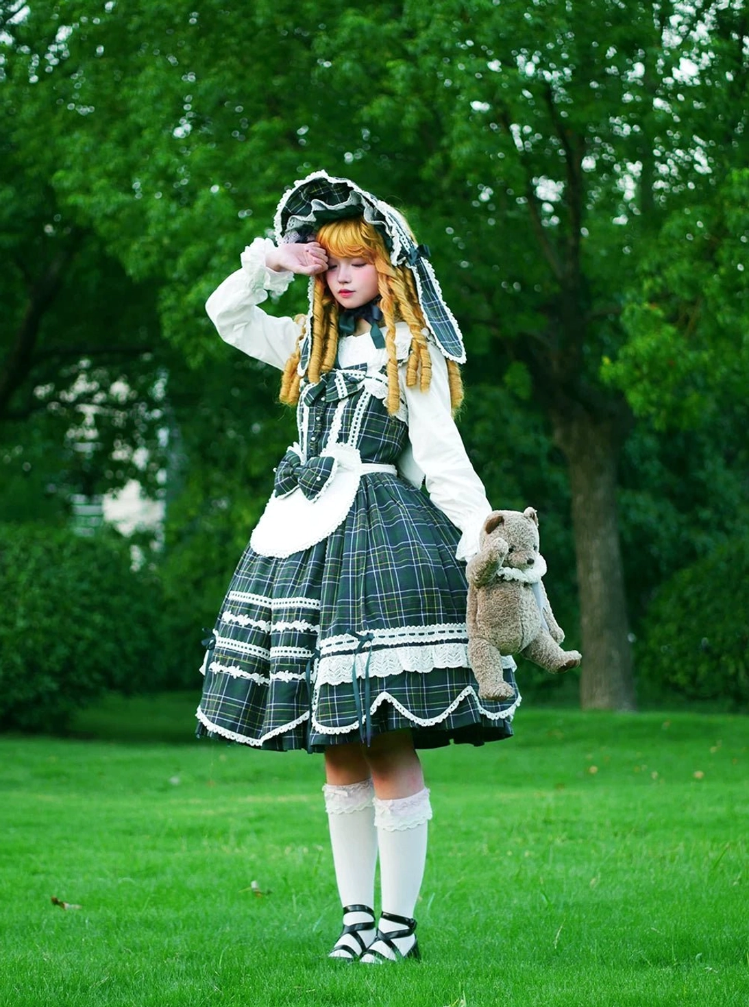 Green tartan old school lolita JSK dress petticoat compatible full silhouette foundation garment support volume