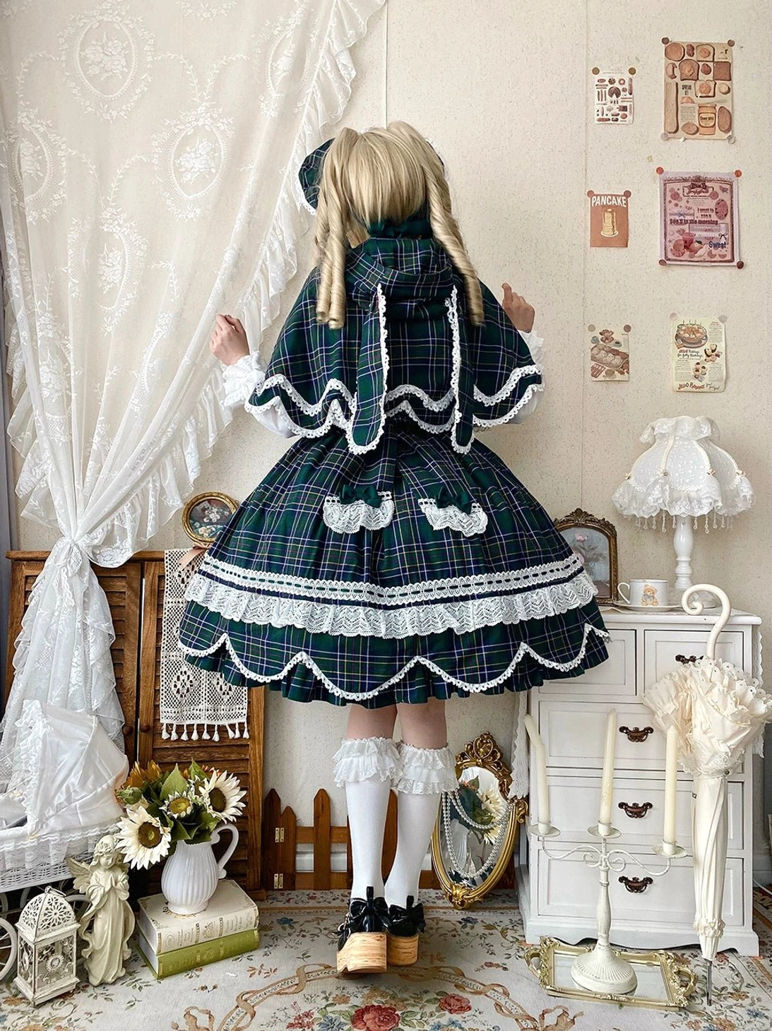 Green tartan lolita JSK dress layered styling shawl capelet addition decorative accessory enhancement dimension