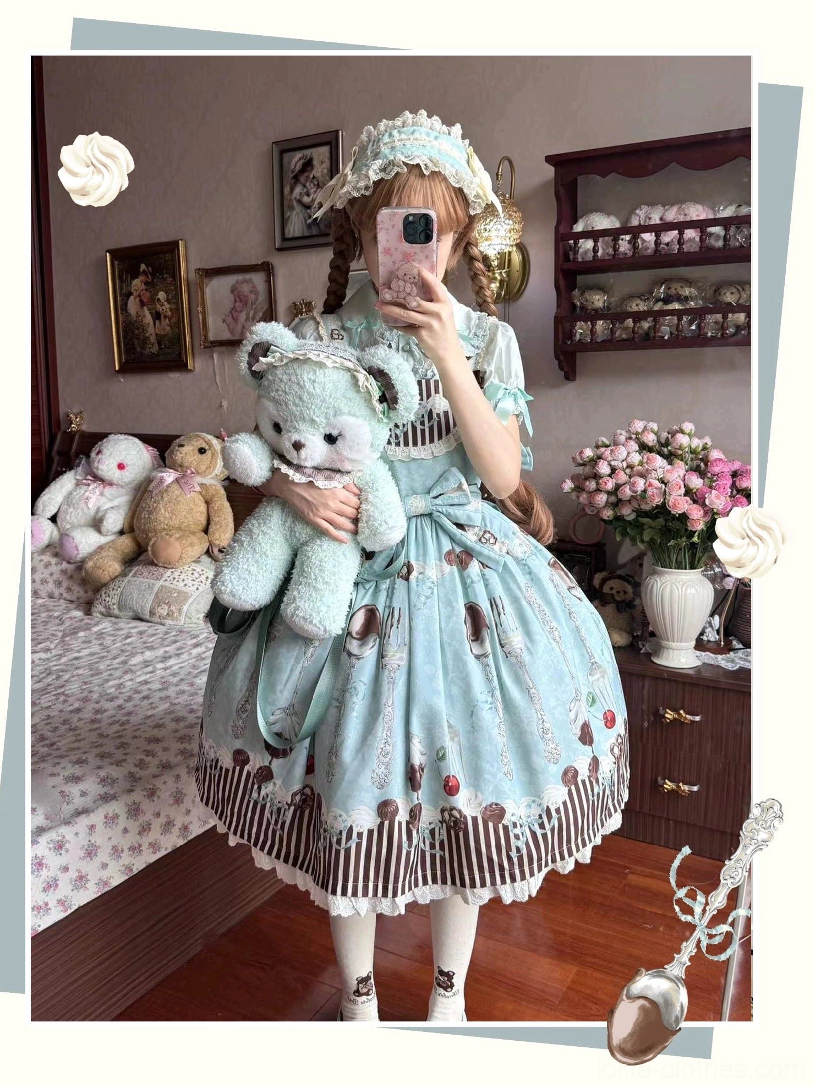 green dessert lolita jumper dress with headdress bows full body front mirror selfie vintage bedroom