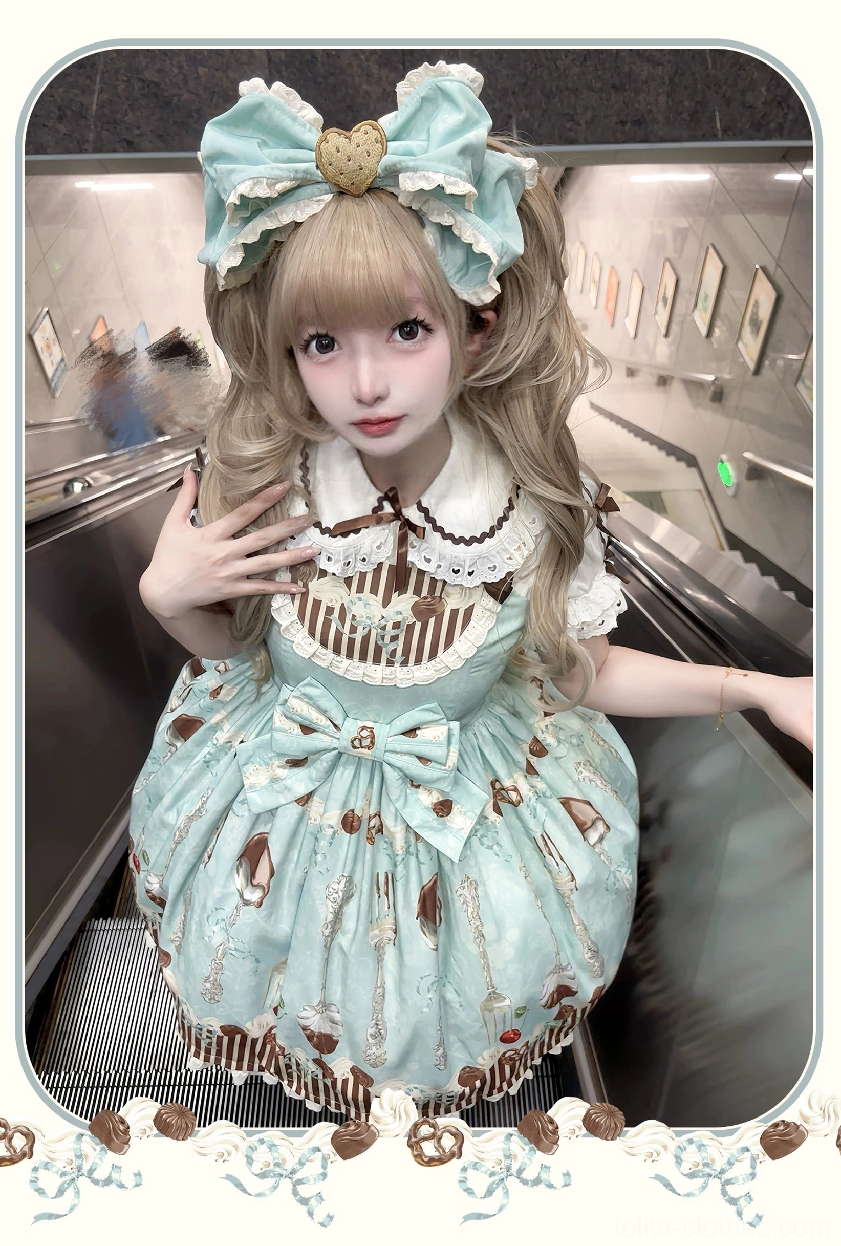 green dessert lolita jumper skirt with blouse layering white blouse pairing example coordination