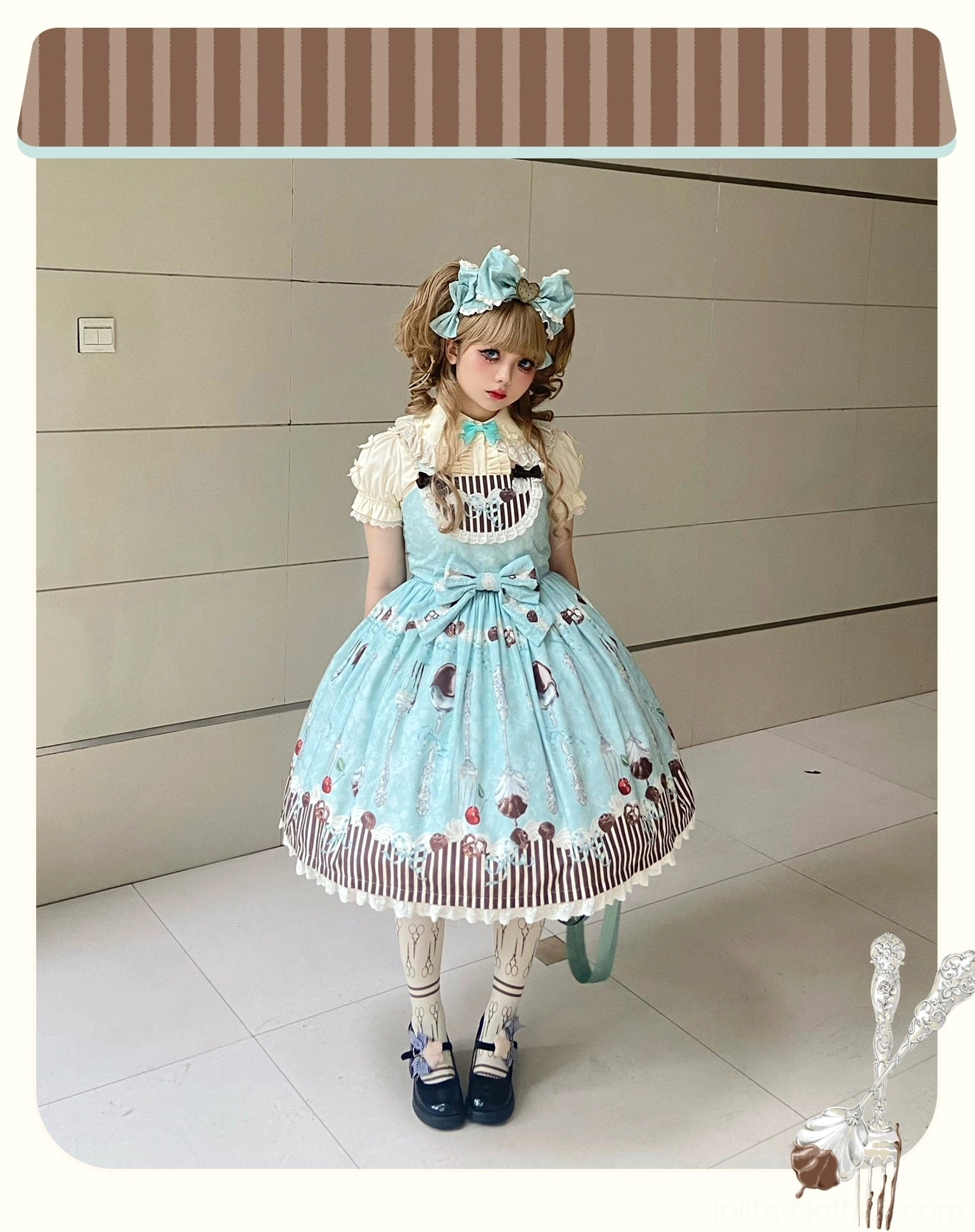 green dessert lolita jumper skirt full body front view mint print dark leather shoes white socks