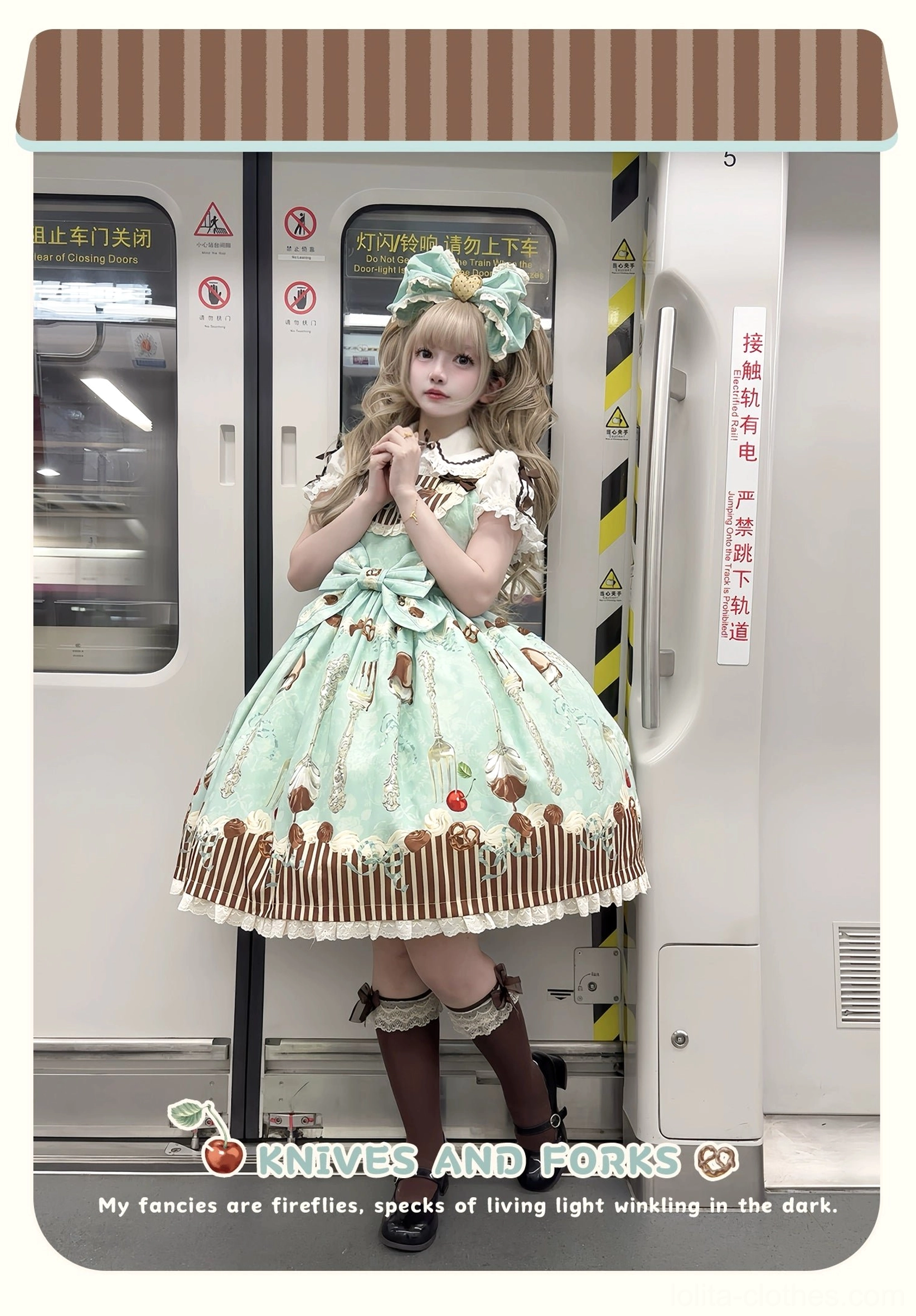 green dessert lolita jsk dress full body front shot matching mint hair bows striped hem subway train