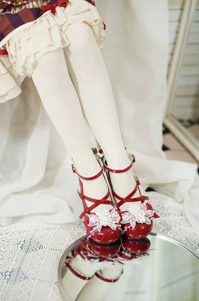 Green sweet Lolita wedding heels showcasing cross-strap Mary Jane silhouette with floral embellishments and romantic back bow detail perfect for Lolita coordinates