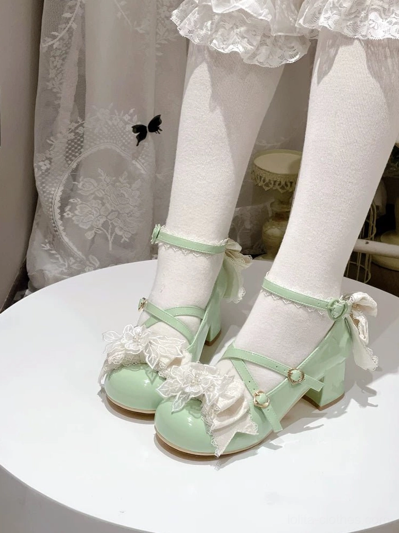 Green sweet Lolita wedding heels complete color variation worn on model showing botanical romantic aesthetic with floral toe accents cross-strap design and block heel