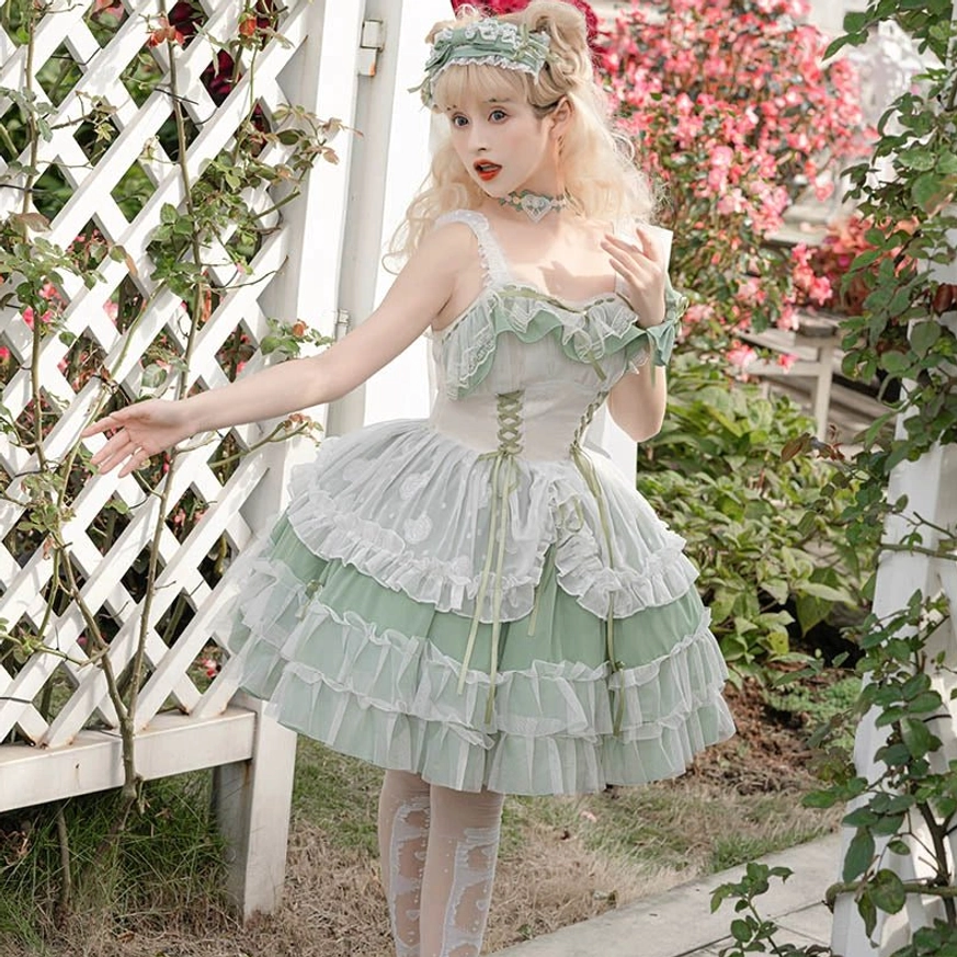 Sage green lolita wedding JSK in short floor-length version showing voluminous A-line skirt, refined silhouette, and graceful proportions for bridal coordinate styling