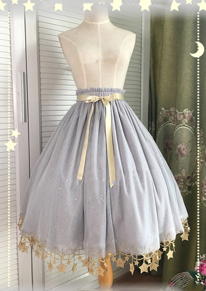 Grey lolita petticoat 19.7 inch shorter length versatile neutral color gold star lace trim