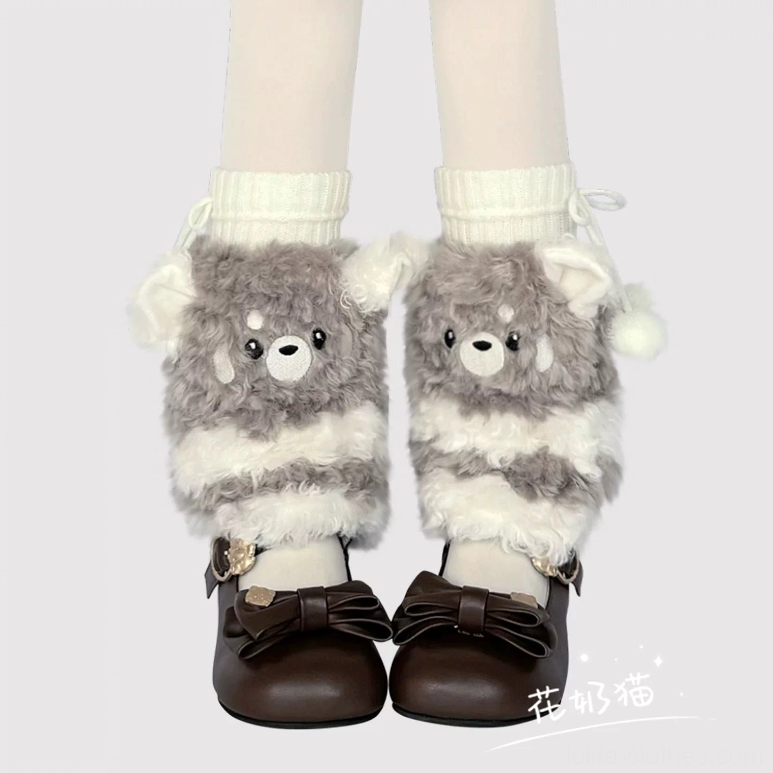 Grey bear leg warmers with white pom-pom sock toppers complete set kawaii lolita winter accessories embroidered bear details