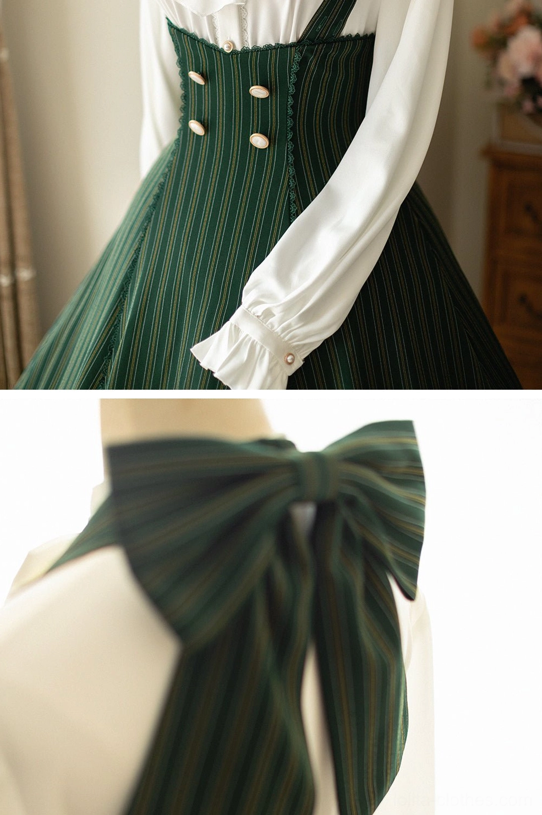 Grey blue striped halter JSK dress fabric texture pattern detail premium material construction lolita vintage dress