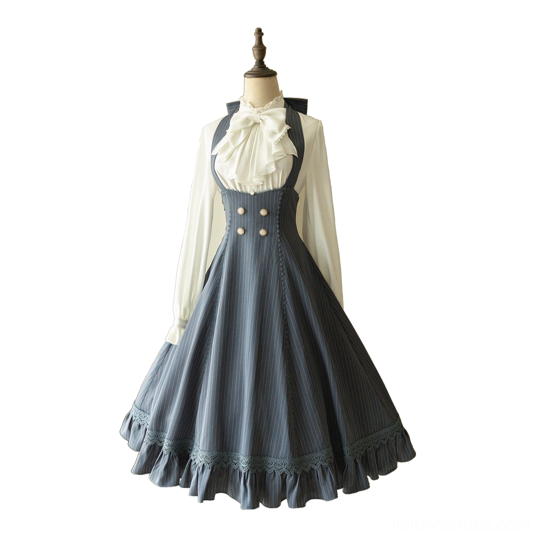 Grey blue striped vintage halter JSK dress ethereal refined moody aesthetic, front view dress form display classic lolita fashion silhouette