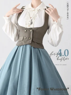 Grey lolita waistcoat with double-breasted buttons and U-neckline styled on model wearing formal blouse and blue skirt, studio professional photo