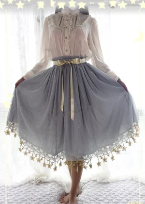 Grey lolita petticoat with gold star lace hem trim displaying full tulle volume and celestial design aesthetic