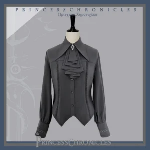 Grey retro ouji lolita dress shirt on mannequin displaying front frontal product view with stand collar, layered ruffled ascot, slim fitted silhouette, embroidered lace trims, and button front closure