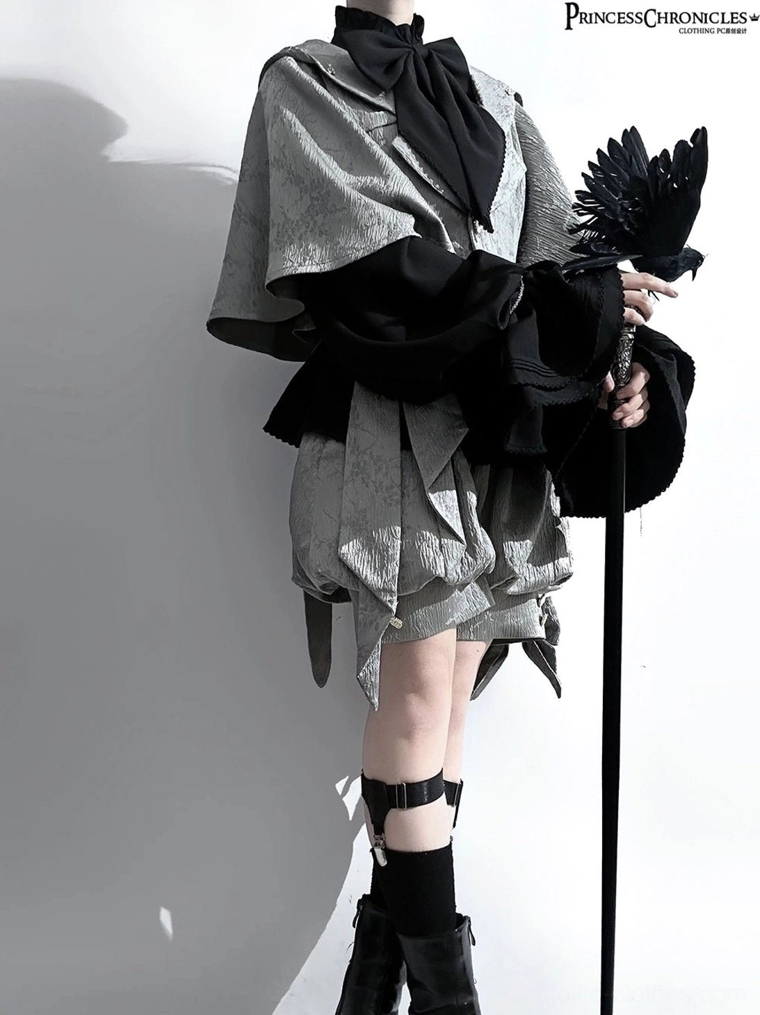 Grey patterned vest stand-up collar button design ouji lolita component with bow detail and subtle fabric patterns