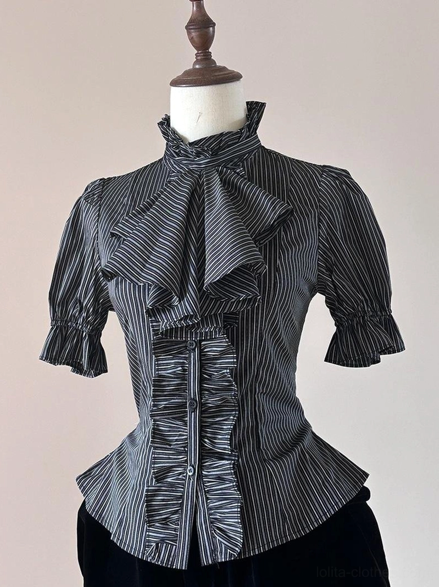 Front flat display of grey pinstripe Gothic Lolita short-sleeved blouse with stand collar detachable bow and front buttoned ruffle placket