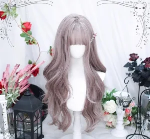 Front view of grey-purple sweet lolita long curly wig with blunt air bangs on white mannequin head, featuring vintage flower and lantern decorative background, realistic scalp detail visible