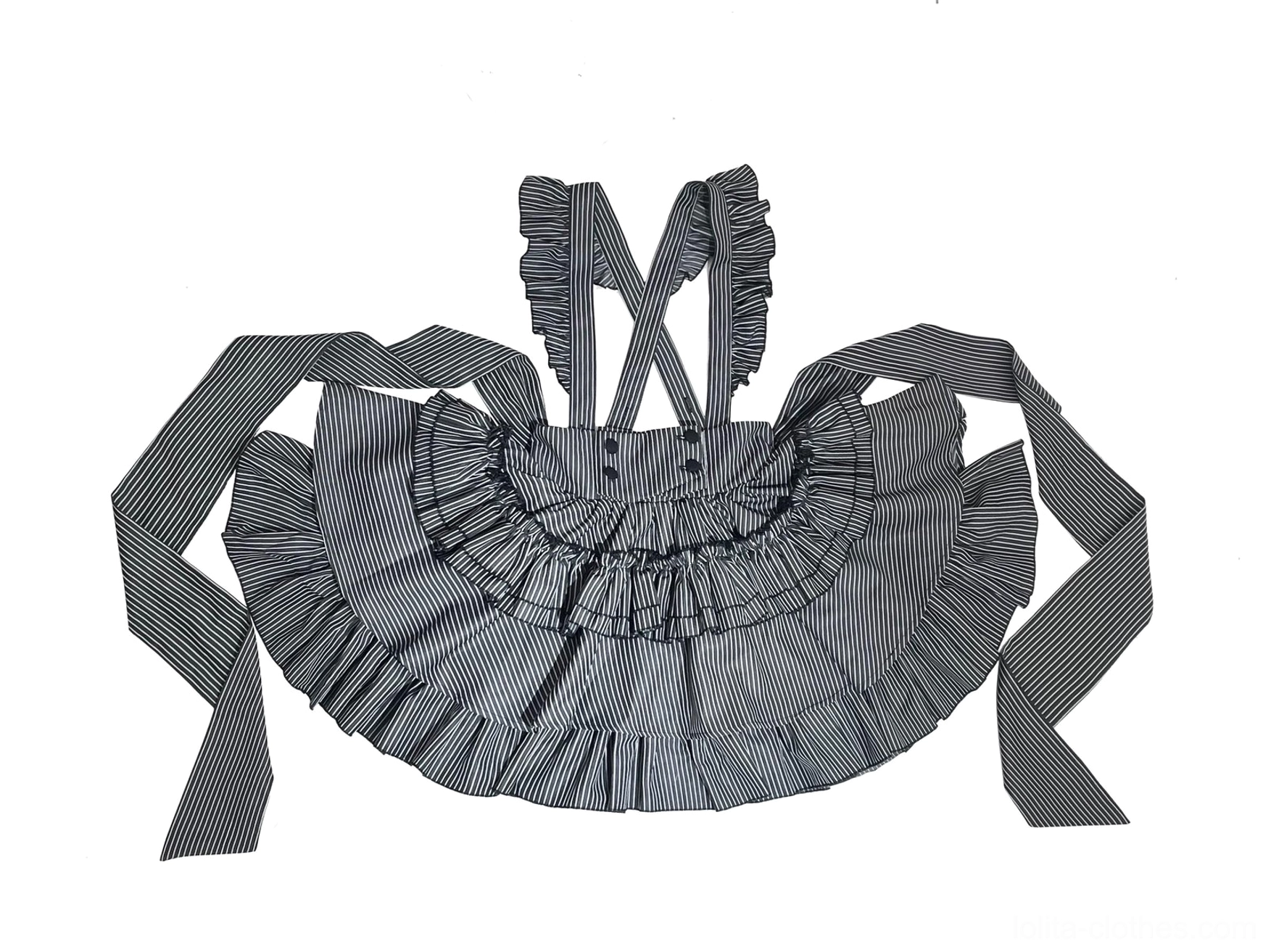 Grey striped gothic lolita skirt separate piece showing tiered ruffled construction, mini length proportions, and elastic waistband with adjustable shoulder strap design