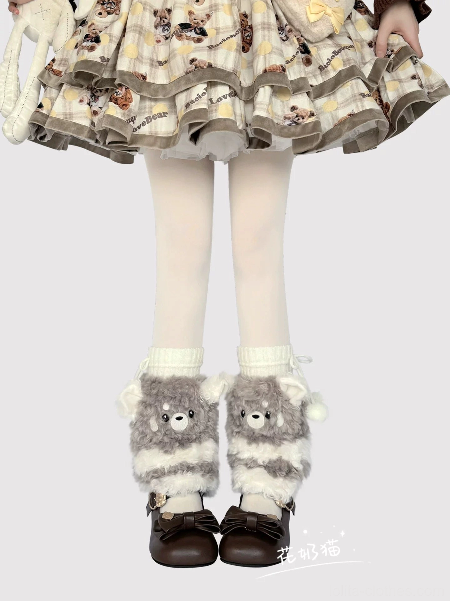 Grey-white color-block plush bear leg warmers direct front full view with ribbed white cuff simple bear face without ears design