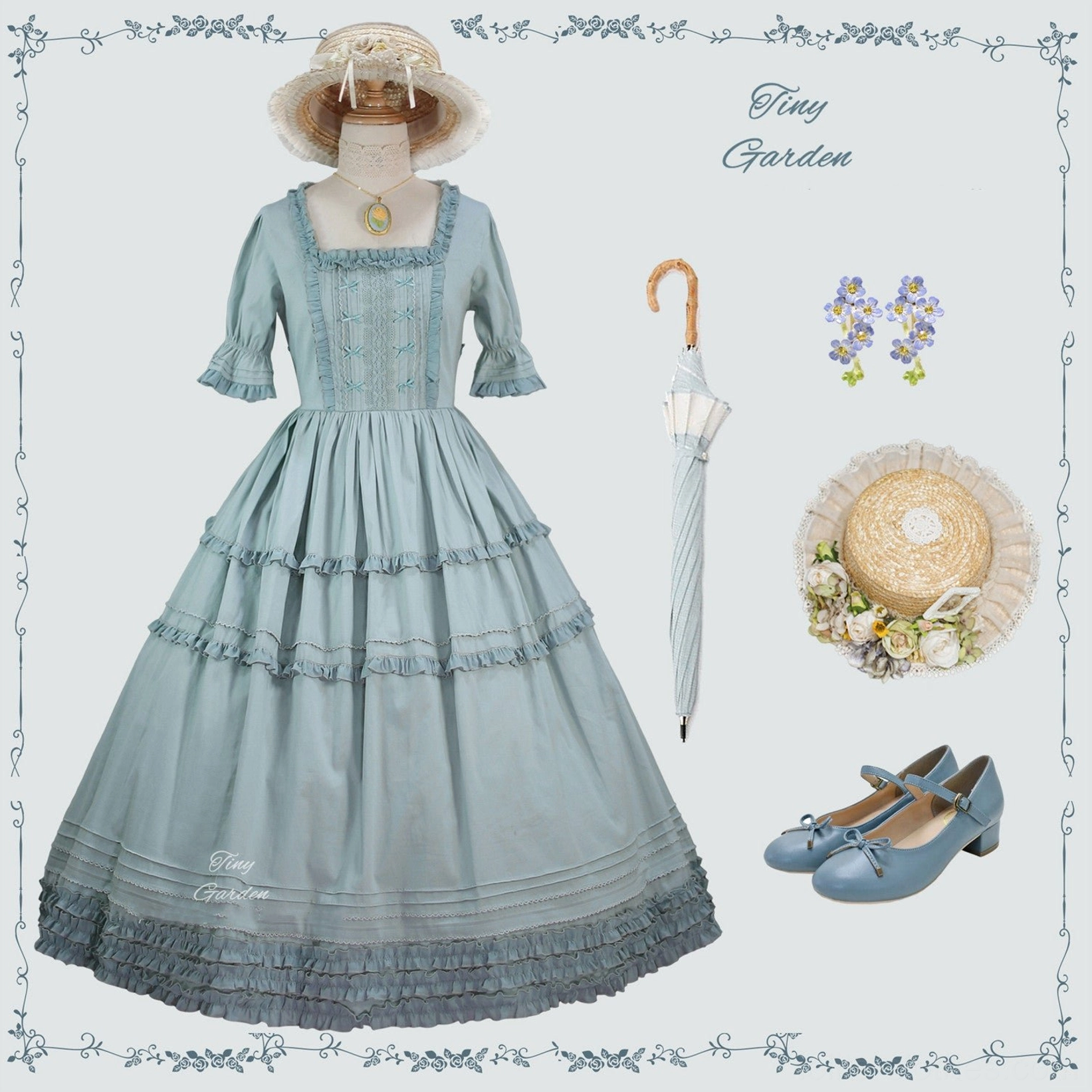 Dusty greyish green square collar pin tucks lolita OP dress with matching vintage tea party accessories including straw hat blue Mary Jane shoes umbrella and earrings flat lay