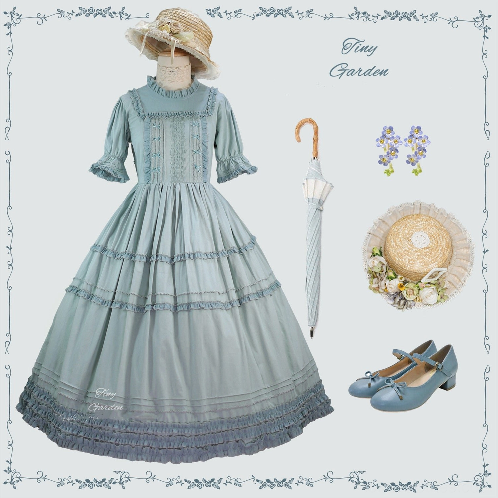 Greyish green teal blue vintage lolita op dress flat lay display with matching accessories including straw boater hat mary jane shoes woven handbag