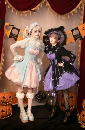 Halloween Gothic Lolita JSK dress two-model portrait eye-level shot pink-blue and black-purple colorways with sheer sleeves lace details