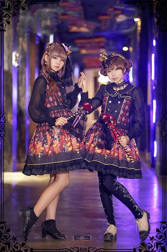 Halloween themed lolita coordinate showcase with twin figures wearing matching gothic blouses, red-black printed skirts, sheer black inner layers, decorative hair accessories, neon-lit indoor setting