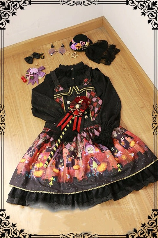 Halloween style lolita JSK suit flat lay display including gothic inner blouse, pumpkin-printed dress, ruffled skirt hem, hair clips and brooch accessories on wooden surface