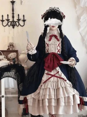 Gothic lolita one-piece dress worn by model with twin black braids vintage hair accessories tea party setting with teddy bears